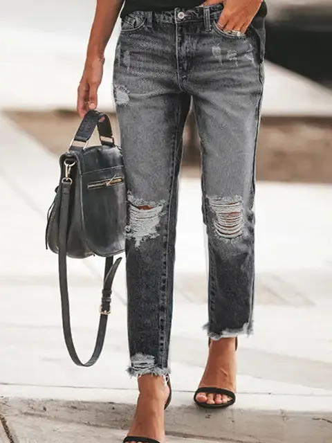 Solid Mid-rise Ripped Casual Jeans