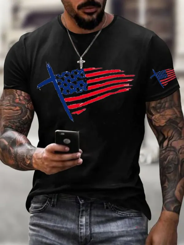Men'S Round-Neck Short-Sleeved T-Shirt With National Flag Prints