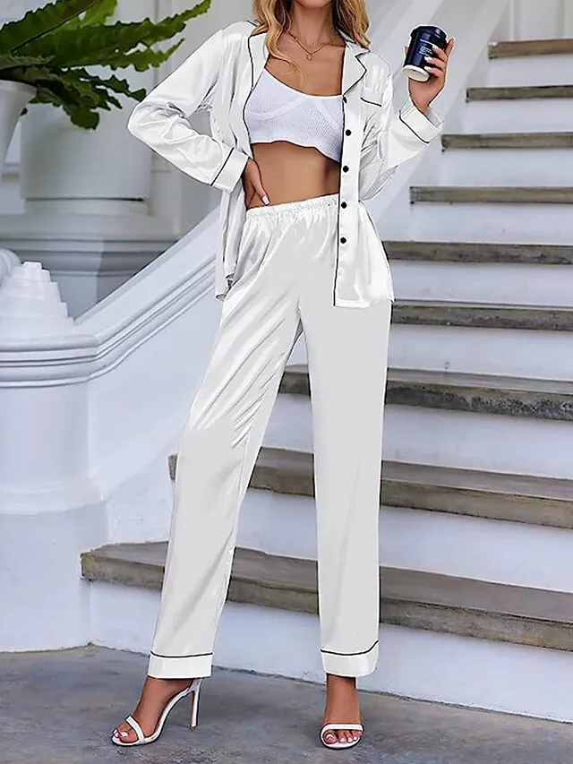 Women's Satin Silk Lounge Sets Satin Pajama Sets Pure Color Fashion Casual Comfort Home Daily Bed Satin Breathable Lapel Long Sleeve Shirt Pant Button Pocket Summer Fall Black White