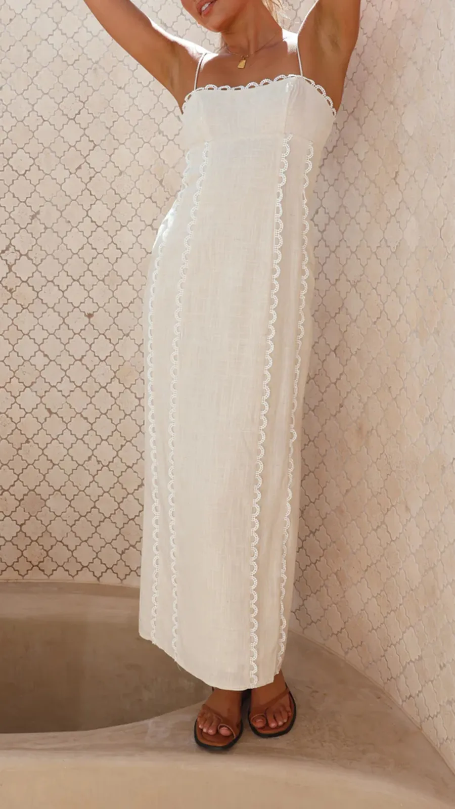 White Cotton And Linen Suspender Midi Dress