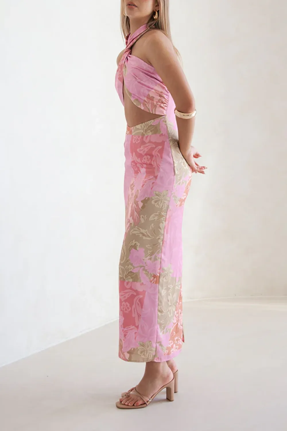 Halter Neck Floral Print Cut Out Midi Dress