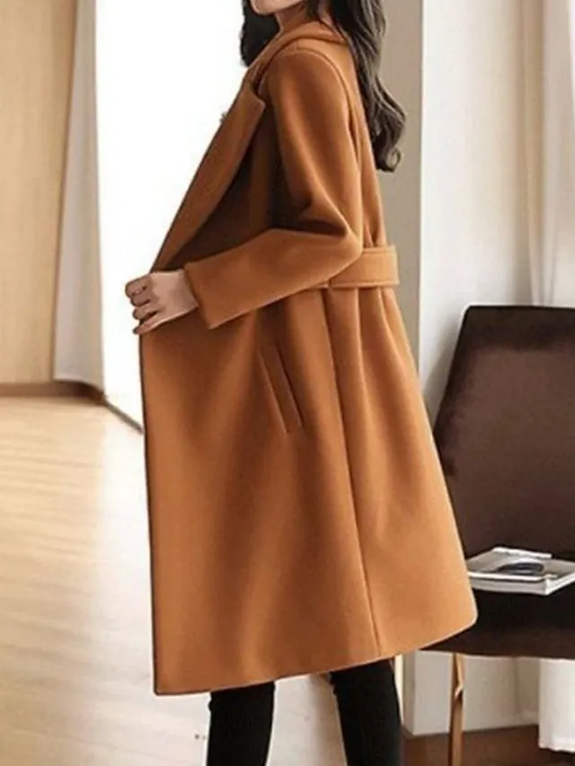 Women's Winter Coat Long Pea Coat Lapel Fall Warm Overcoat Maillard Windproof Warm Outerwear with Pockets Trench Coat Comtemporary Stylish Casual Jacket Long Sleeve Red Camel Brown