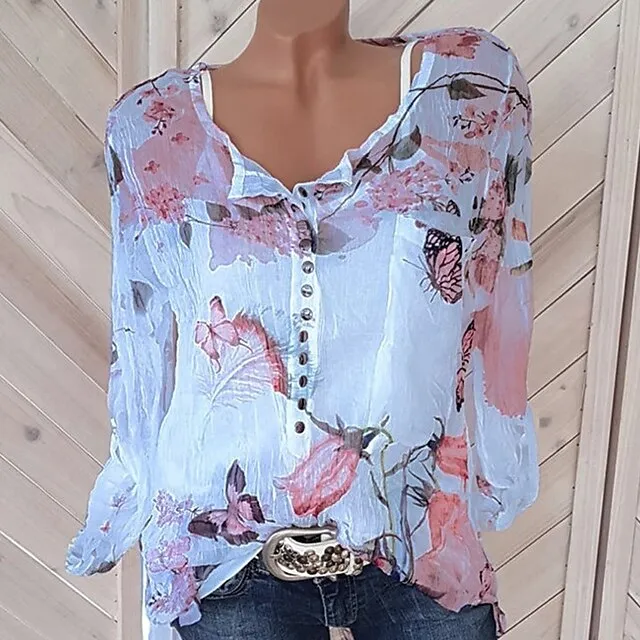 Women's Shirt Blouse Floral White Purple Orange Button Print Long Sleeve Daily Going out Weekend Streetwear Holiday Casual Shirt Collar Regular Fit Summer Spring Fall