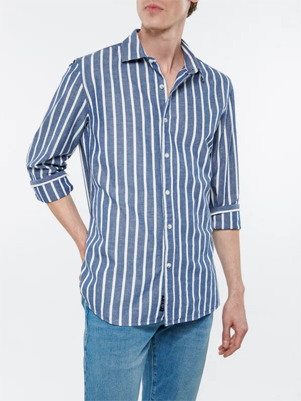 Blue and White Striped Men's Shirt