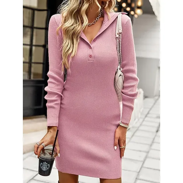 Women's Sweater Dress Knit Dress Jumper Dress Mini Dress Knitwear Active Fashion Pure Color Outdoor Casual Holiday Vacation Lapel Long Sleeve 2023 Slim Black Pink Rusty Red S M L XL