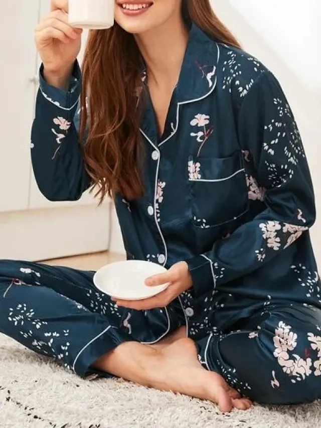 Women's Pajamas Sets Nighty Pjs 2 Pieces Heart Stripe Fashion Comfort Home Satin Lapel Long Sleeve Pant Button Fall Spring Light Pink Green / Silk / Flower / Feather