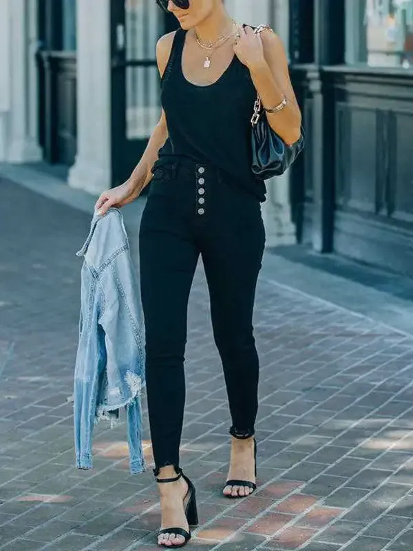 Black Versatile Stretch Pencil Denim Jeans