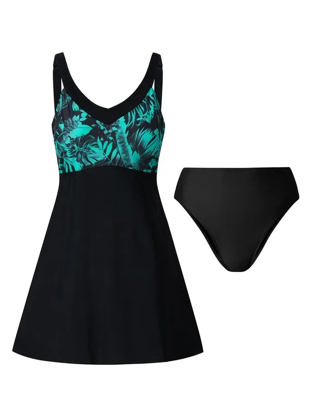 Vacation  Floral Printing Spaghetti Swimdress Two-Piece Set