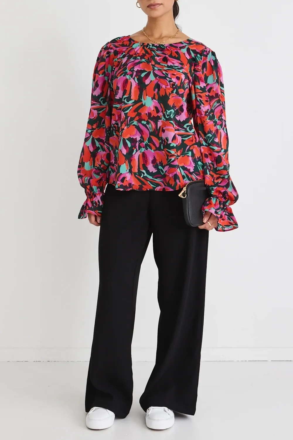 Floral Print Ruched Long - Sleeve Blouse