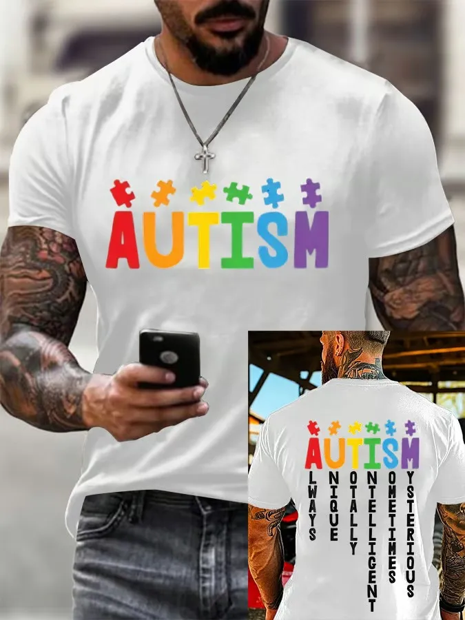 Men'S T-Shirt Men'S Retro Autism Is Always Unique Totally Smart Autism Awareness Printed Round Neck T-Shirt