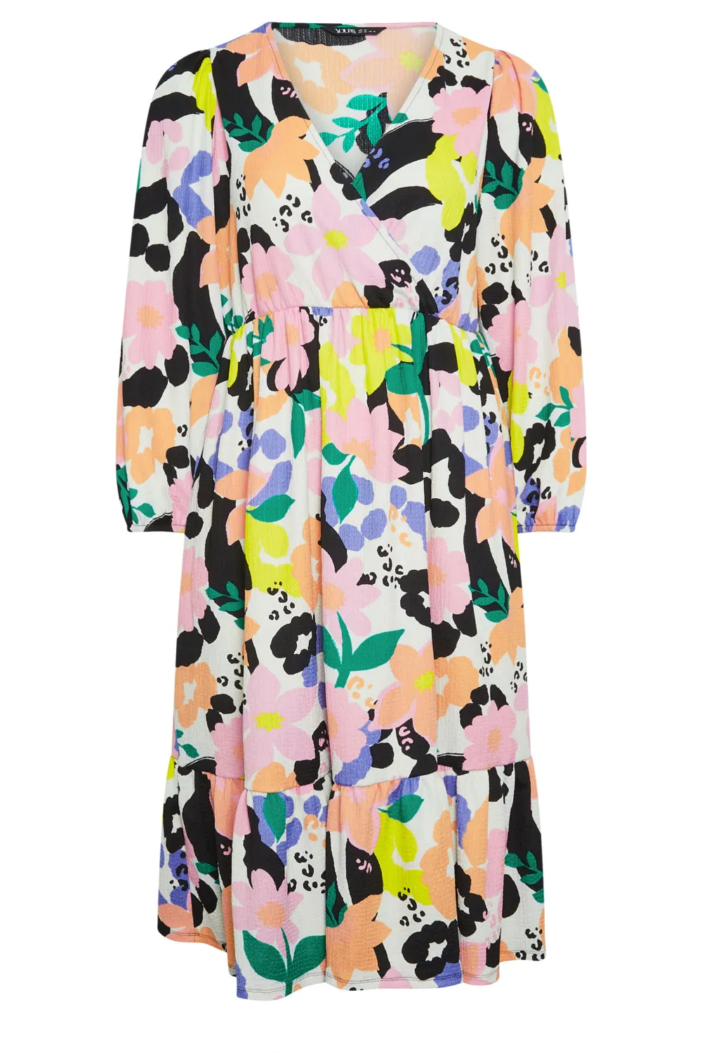 YOURS Curve White Floral & Leopard Print Textured Wrap Dress