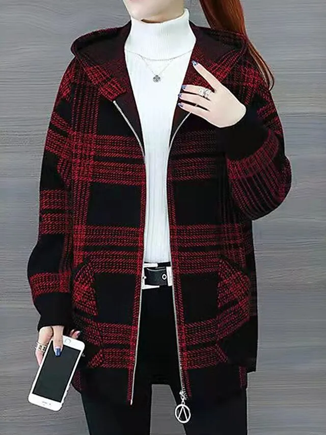 Women's Hoodie Jacket Fall Zip up Sweatshirt Plaid Print Winter Cropped Coat Windproof Warm Casual Jacket Long Sleeve Plaid with Pockets Black