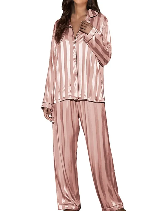 Women's Pajamas Sets Stripe Simple Comfort Soft Christmas Daily Carnival Satin Gift Lapel Long Sleeve Shirt Pant Button Pocket Fall Spring Pink Fuchsia