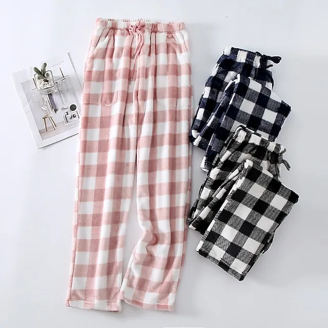 Women's Christmas Pajamas Winter Pants Nighty Pjs Grid / Plaid Fashion Simple Comfort Party Xmas Home Bed Flannel Warm Breathable Long Pant Elastic Waist Winter Fall Blue Pink / Sweet / Gift / Print