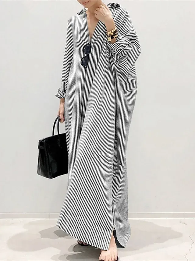 Women‘s Casual Dress Shirt Dress Cotton Dress Shift Dress Maxi long Dress Cotton Basic Casual Outdoor Winter Dress Daily Shirt Collar Button Split Long Sleeve Summer Winter Fall Spring 2023