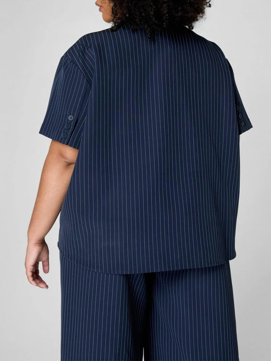 Women'S Minimalist Navy Pinstripe Short-Sleeve Shirt