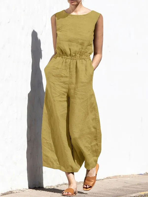 Simple Sleeveless Wide Leg Elasticity Solid Color Round-Neck Jumpsuits