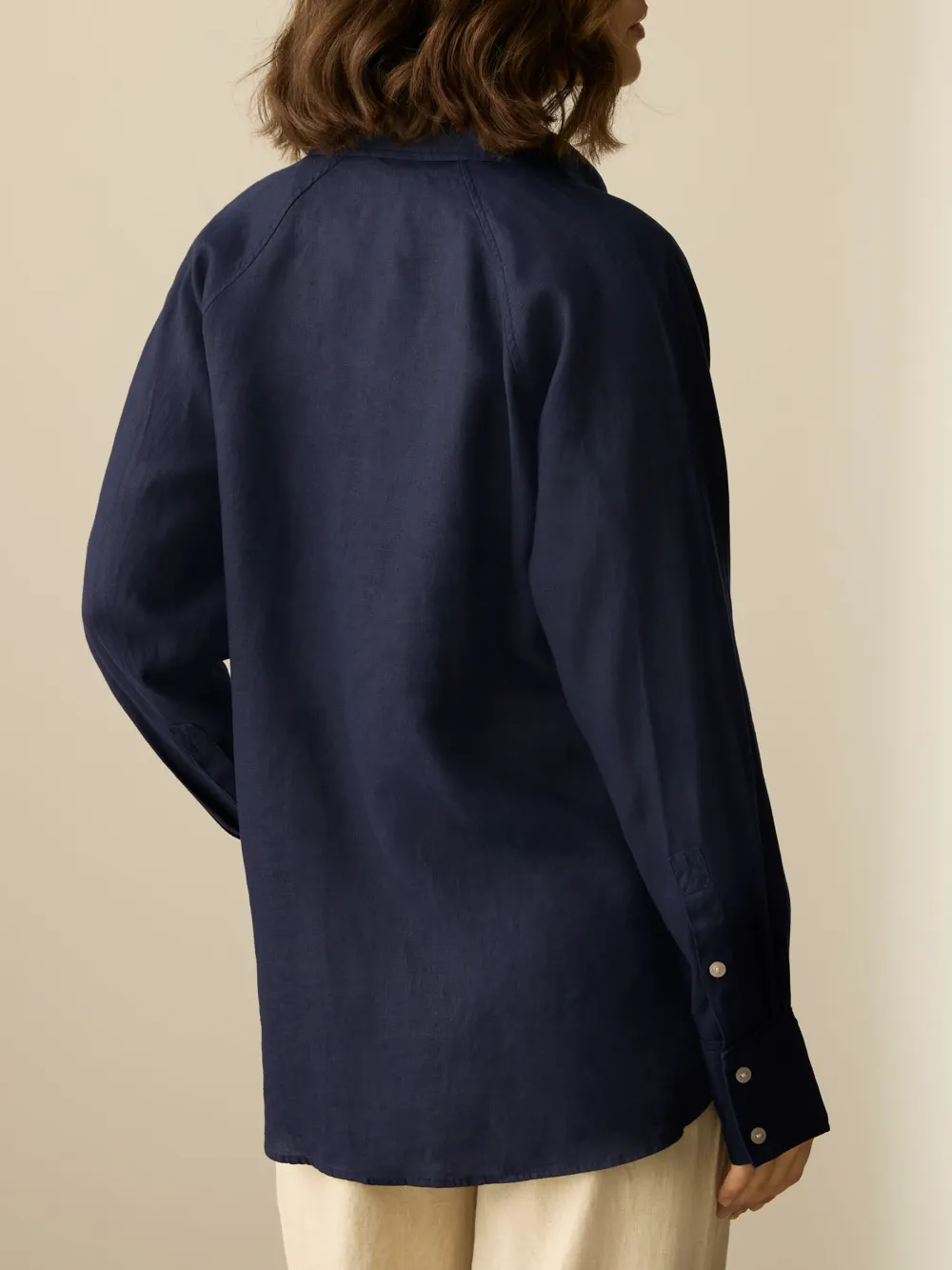 Ecru Palm Print Linen Flat Collar Loose Long Sleeve Shirt