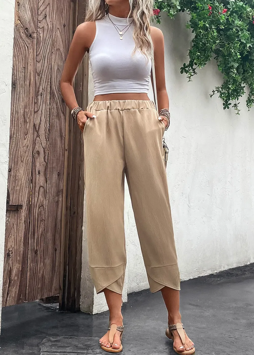 Light Camel Pocket Elastic Waist High Waisted Pants