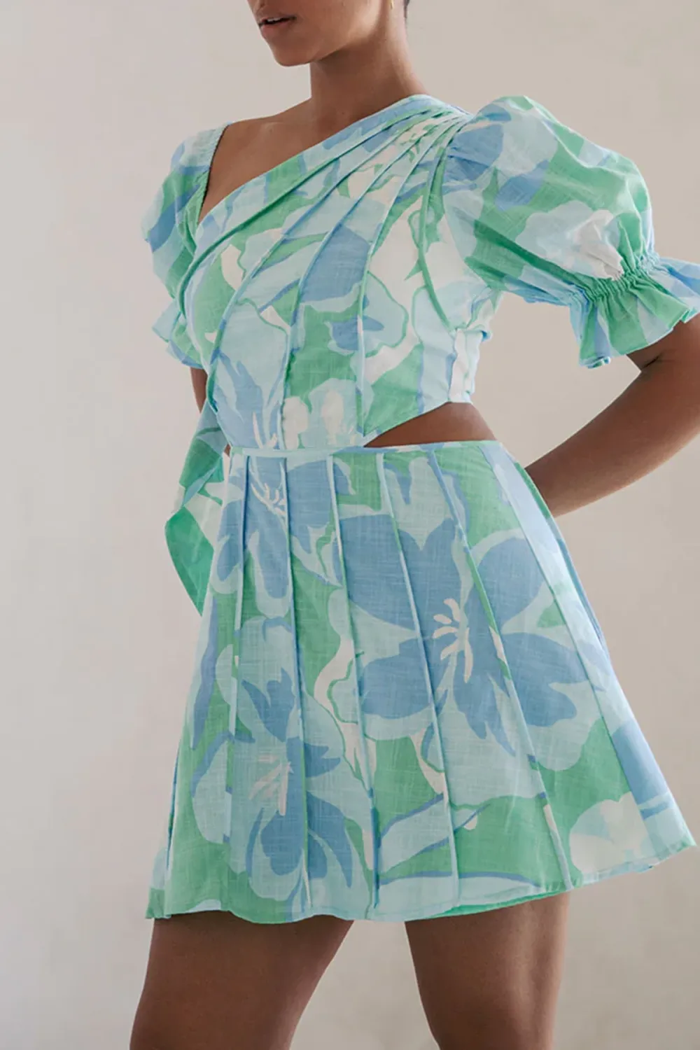 One Shoulder Puff Sleeve Cut Out Mini Dress