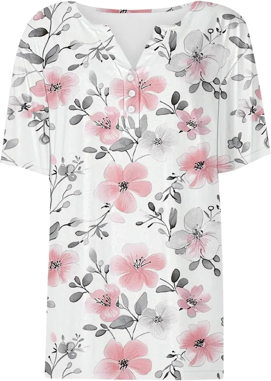 Shirts for Women Casual Printed Summer Tops Short-Sleeved Button V-Neck Tops Blouse Fashion Boho T-Shirts
