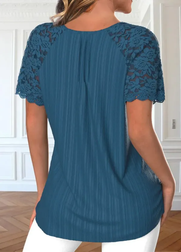 Peacock Blue Patchwork Short Sleeve Round Neck Blouse