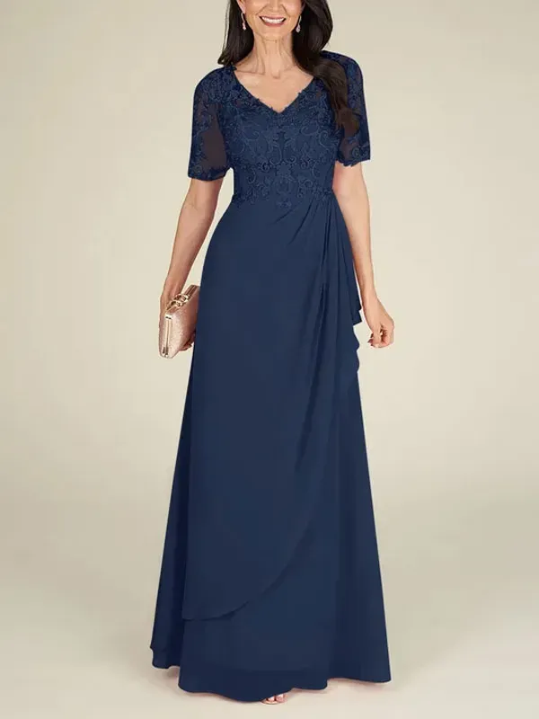 Floor-to-ceiling chiffon lace back zip bridal mom dress