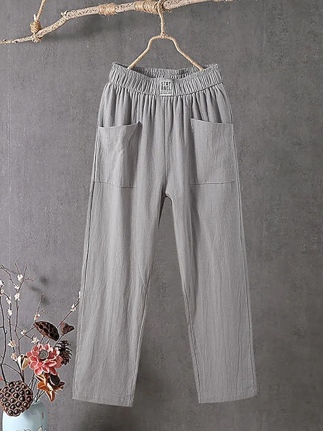 Women's Slacks Baggy Cropped Pants Linen Plain Pocket Baggy Ankle-Length Micro-elastic Mid Waist Streetwear Casual Vacation Casual Daily Black White S M Summer Spring