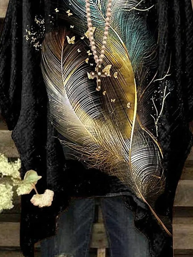 Women's Plus Size Shirt Blouse Black Wine Dark Blue Feathers Print 3/4 Length Sleeve Daily Weekend Vintage Holiday Casual Crew Neck Oversized Dolman Sleeve Summer Spring Fall