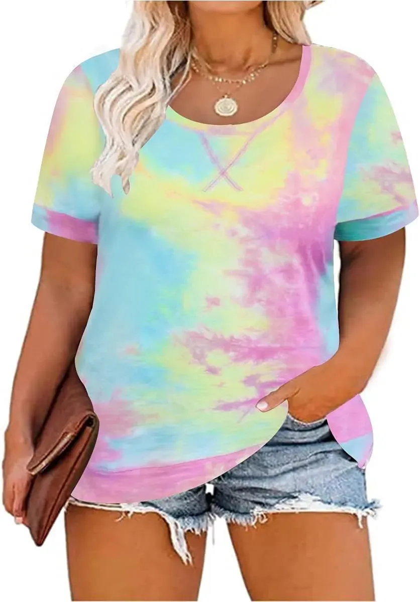 TIYOMI Plus Size T Shirt for Women Short Sleeve Tunic Cross Line Shirts Round Neck Tops Summer Blouse XL-5XL 14-28