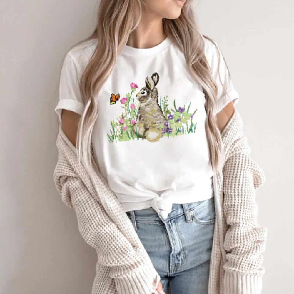 Easter Flowers And Bunny Printed Round Neck Short Sleeve T-Shirt