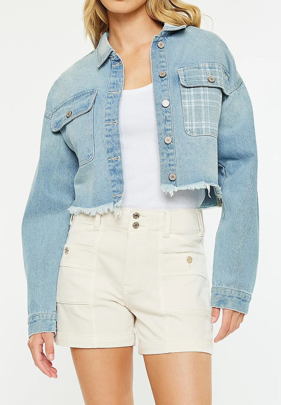 Rigid Plaid Drop Shoulder Crop Jacket