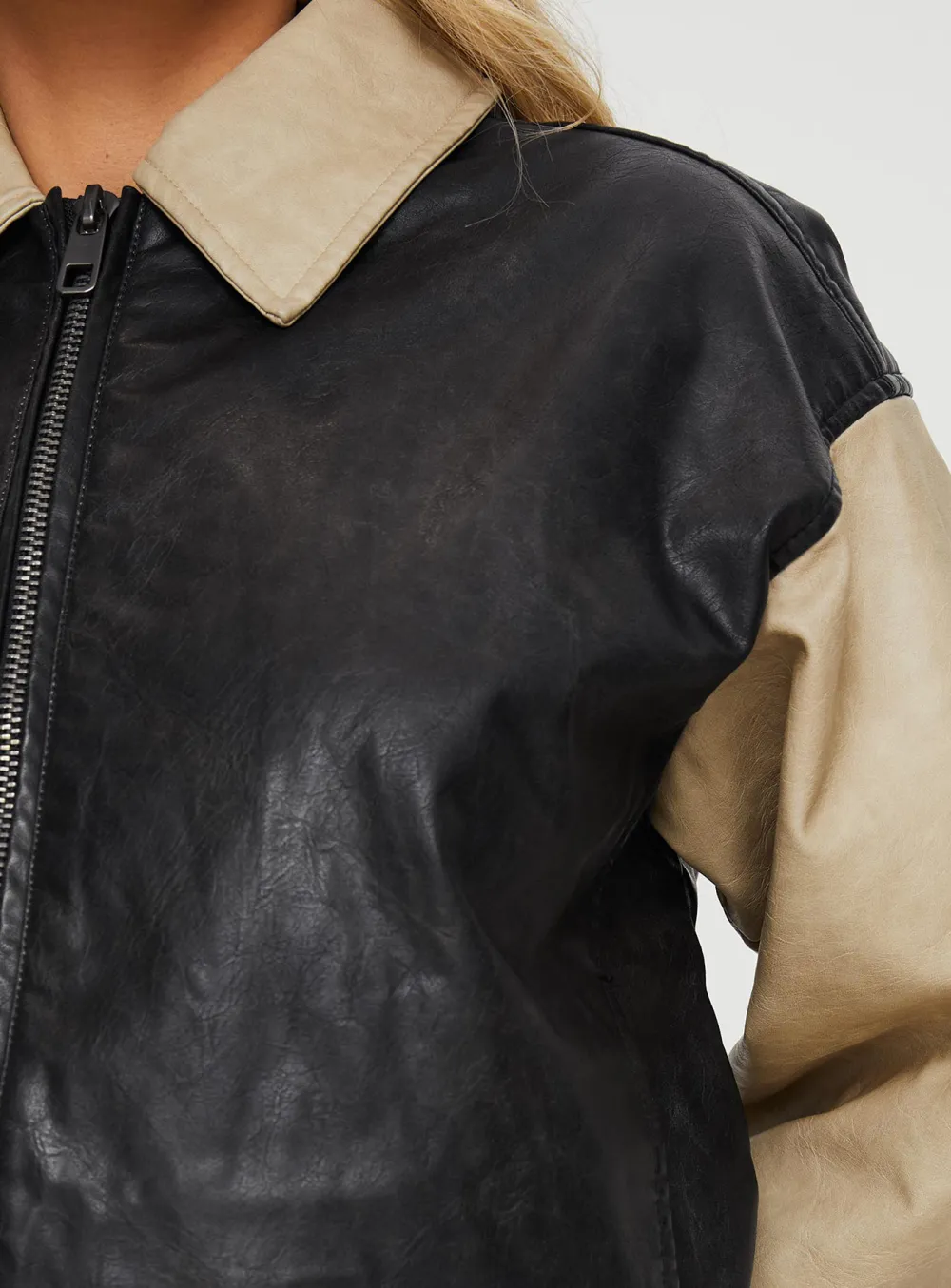 Two Tone Faux Leather Collared Jacket