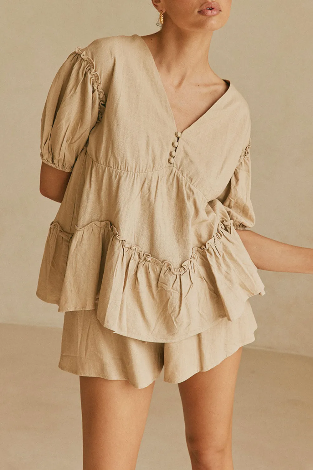 Ruffled V Neck Short Sleeve Top