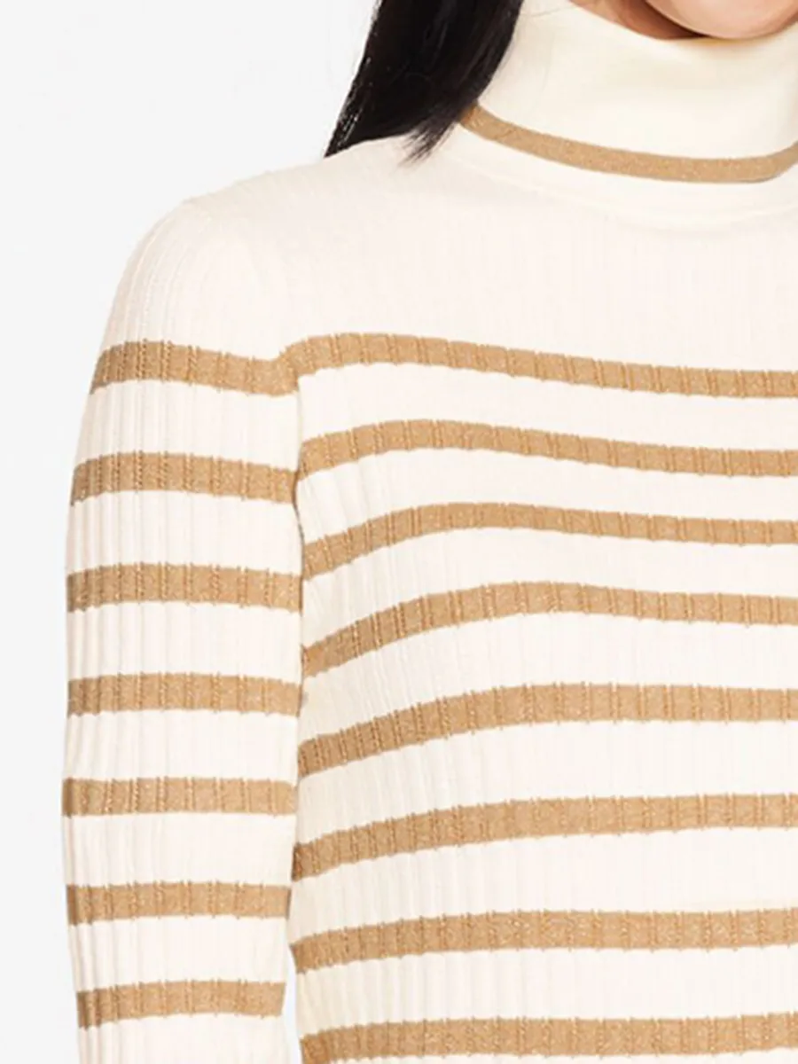 Lady'S Elegant Metallic Striped Versatile High Neck Sweater