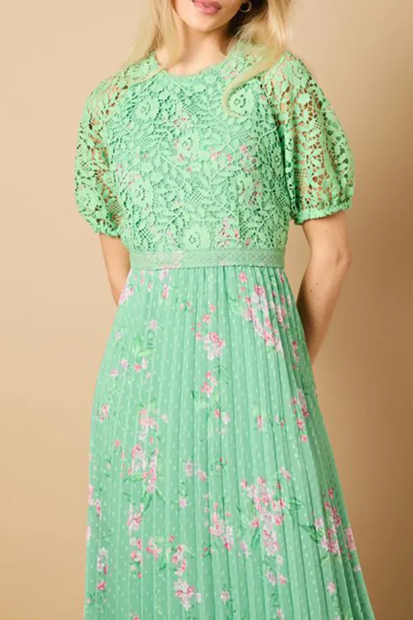 Casual Style Sage Floral Lace Bodice Pleated Dress