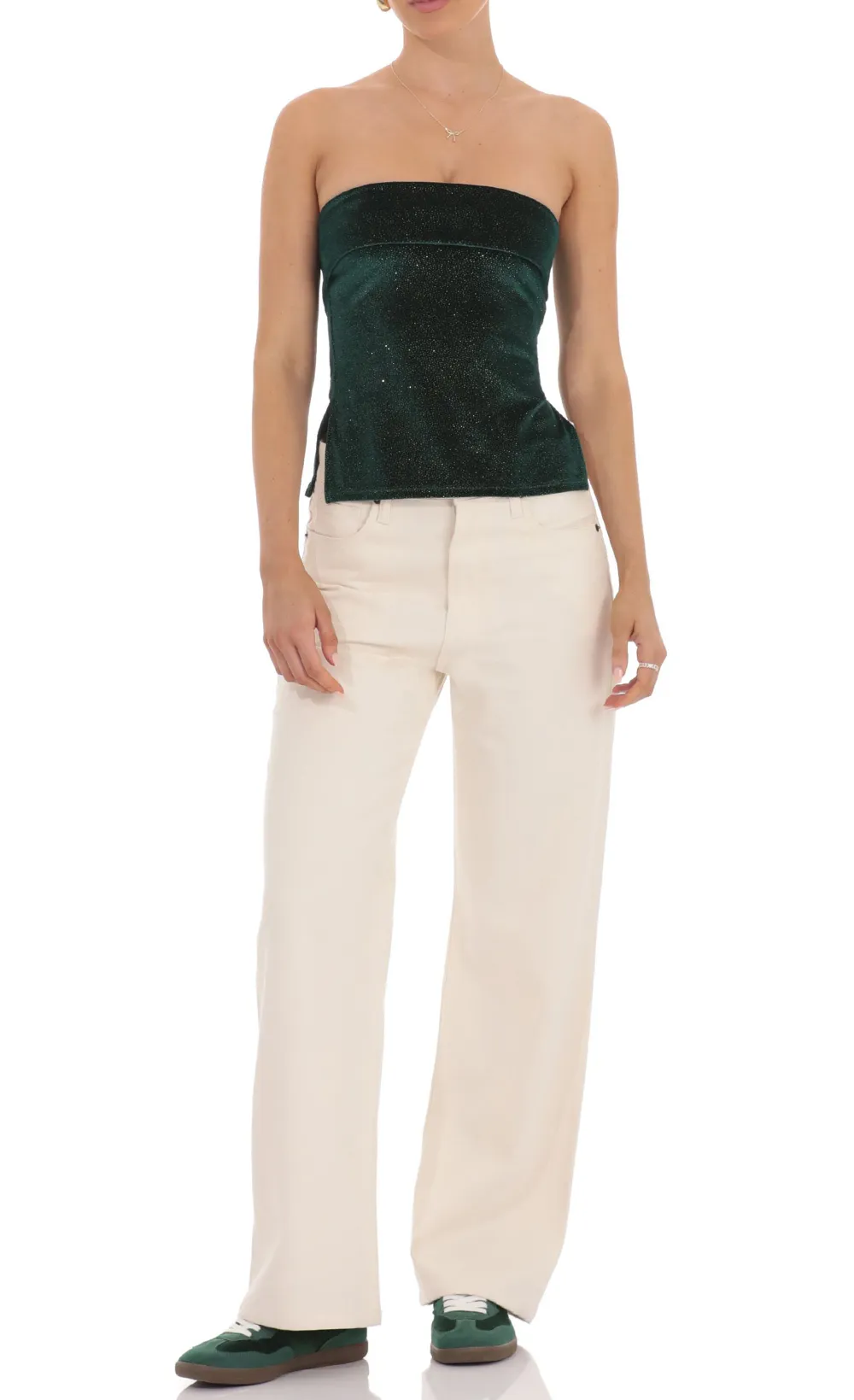 Velvet Foil Strapless Slit Top in Green