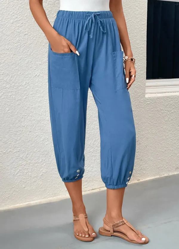 Blue Pocket Elastic Waist High Waisted Jogger Pants