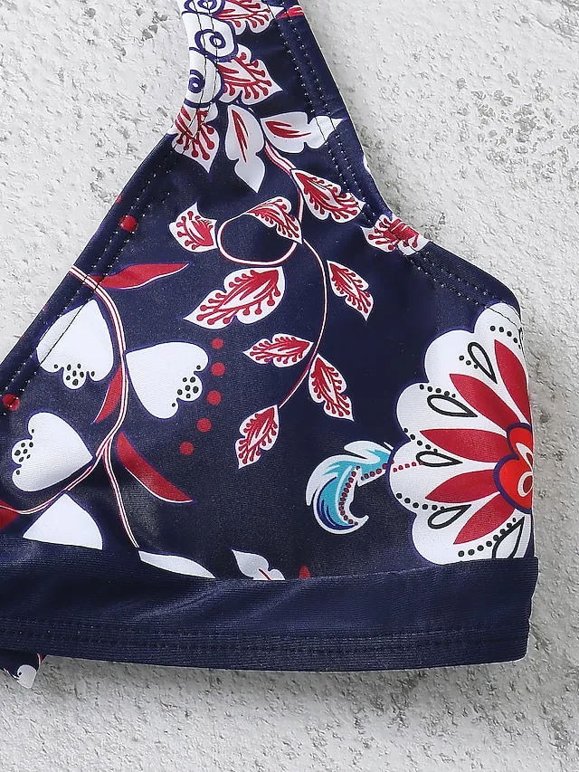 Women's Swimwear Bikini 2 Piece Normal Swimsuit Halter 2 Piece Open Back Sexy Floral White Blue Dusty Blue Green Halter V Wire Bathing Suits Sexy Vacation Beach Wear