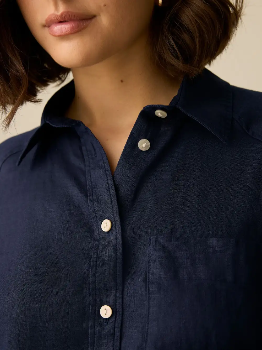 Ecru Palm Print Linen Flat Collar Loose Long Sleeve Shirt