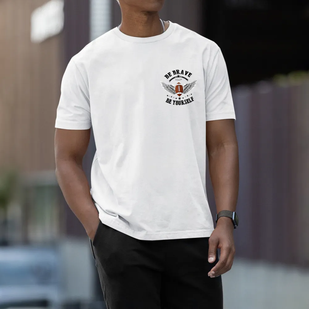 A Rugby Ball With Wings On Both Sides And A Small Halo Above. The Pattern Is Surrounded By The English Words 