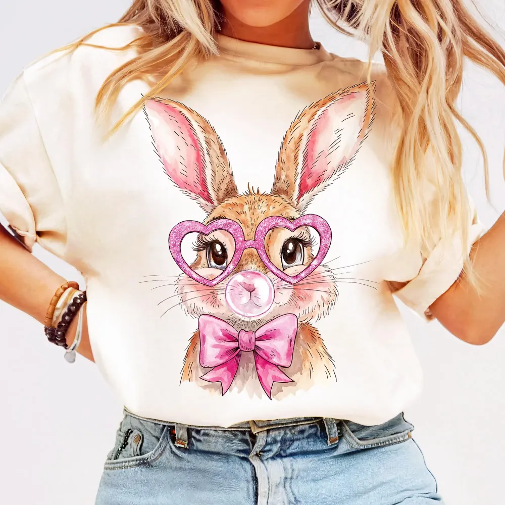 Easter Bunny Blowing Bubbles Printed Round Neck Short Sleeve T-Shirt