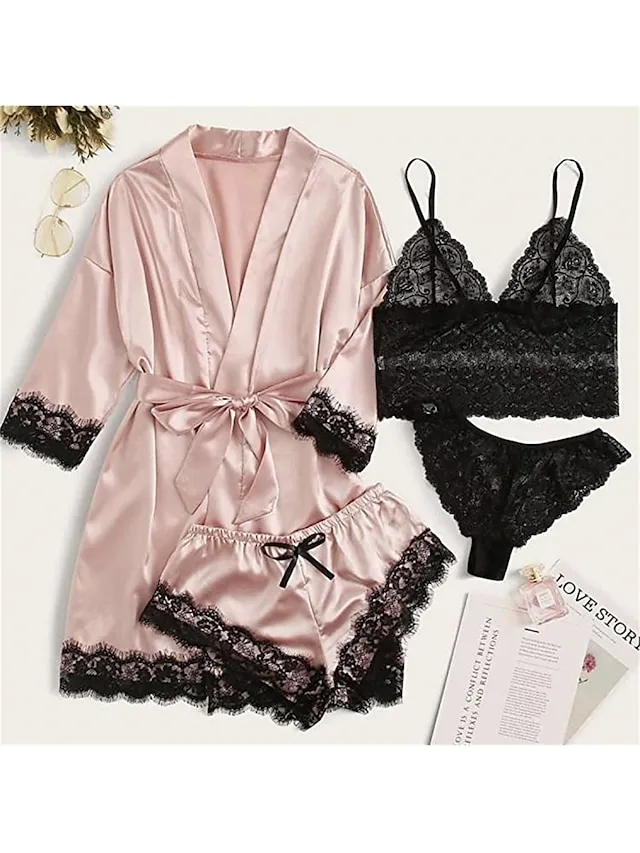 Women's Lace Satin Silk Pajamas Sets 4 Pieces Pure Color Simple Casual Soft Home Daily Bed Satin Breathable V Wire Long Sleeve Shorts Summer Spring Black Pink