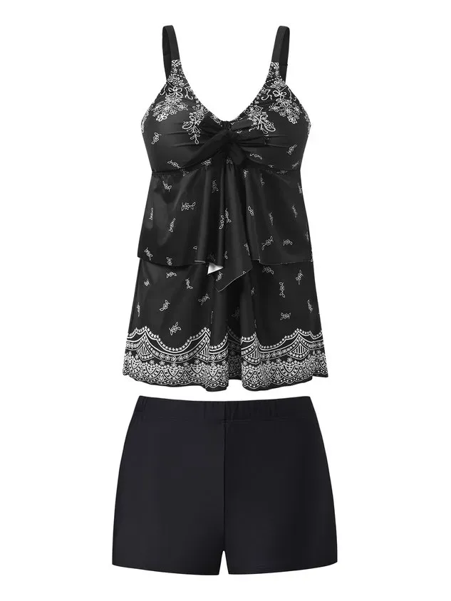 Vacation Ethnic Printing V Neck Tankinis Two-Piece Set