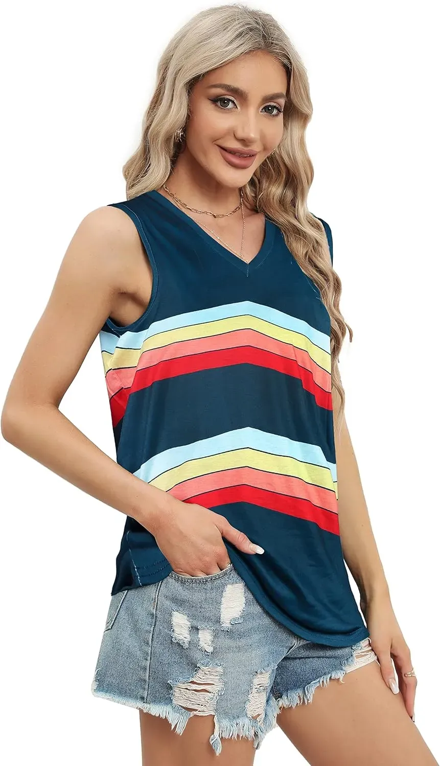 Summer Tops for Women Sleeveless V Neck Tshirt Loose Fit Casual Tank Tunic Blouse