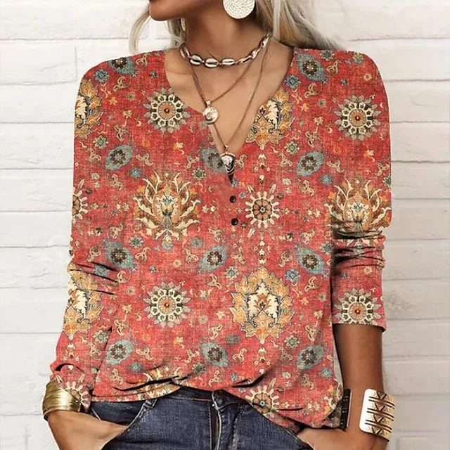 Women's Plus Size Shirt Blouse Black Pink Wine Paisley Color Gradient Vintage Button Print Long Sleeve Daily Casual V Neck Regular Fit Fall & Winter
