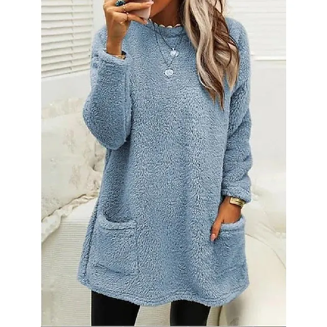Women's Sweatshirt Pullover Sherpa Fleece Teddy Pocket Marron Black Blue Solid Color Street Casual Round Neck Long Sleeve Fleece S M L XL 2XL 3XL