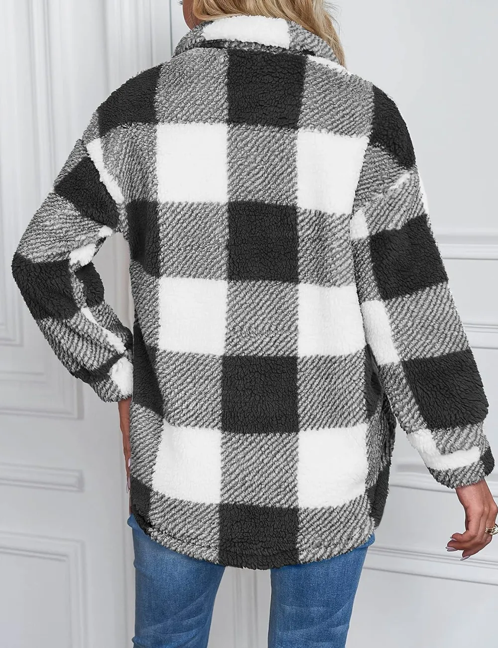 Women's Fleece Plaid Jacket Coats Button Down Lapel Sherpa Shacket Outwear with Pockets