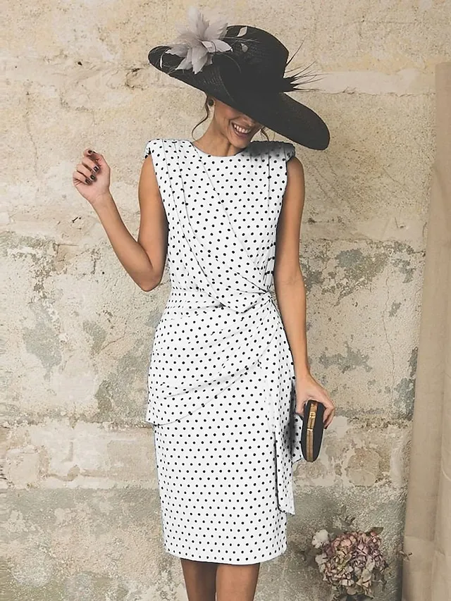 Women's Sheath Dress Knee Length Dress White Pink Red Light Blue Sleeveless Polka Dot Print Ruched Spring Summer Round Neck Elegant Casual Vintage Party 2023 S M L XL XXL 3XL / Sexy
