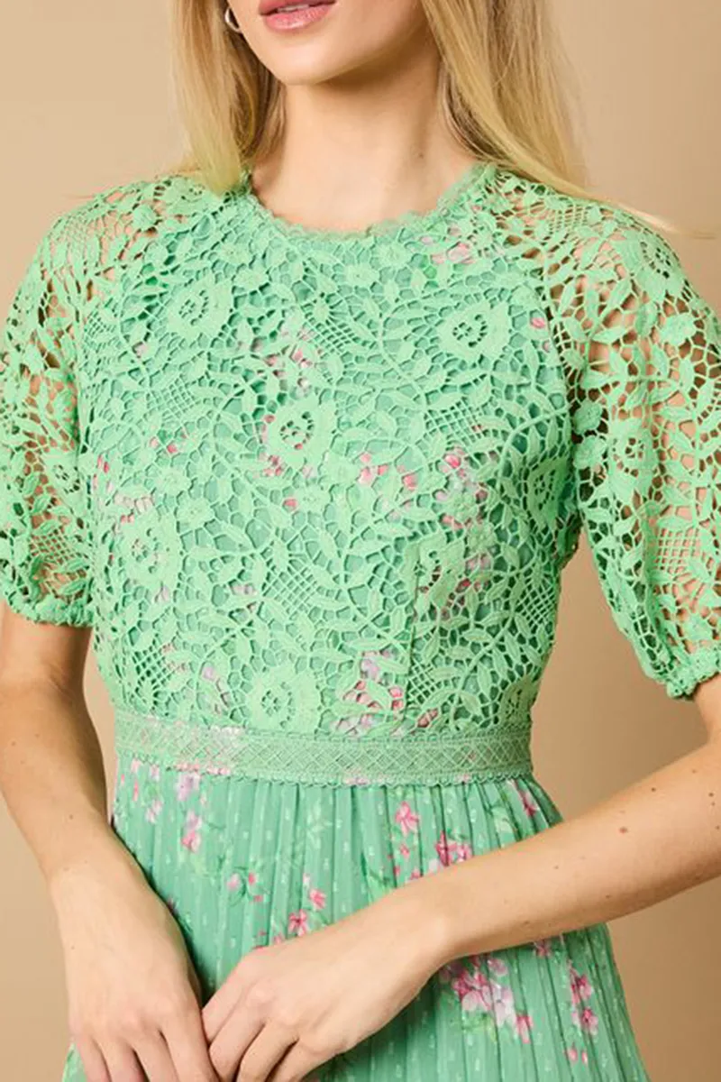 Casual Style Sage Floral Lace Bodice Pleated Dress